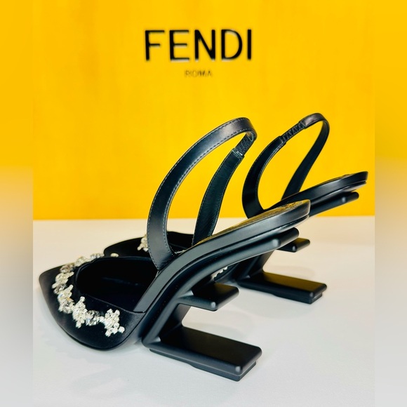 Fendi First Slingback Heels Black Satin With Nero Crystal Size 37.5 Retail$1790 - Picture 9 of 16